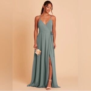 Birdy Grey Chiffon Sea Glass Green Sleeveless Wrap Maxi Bridesmaid Dress Large